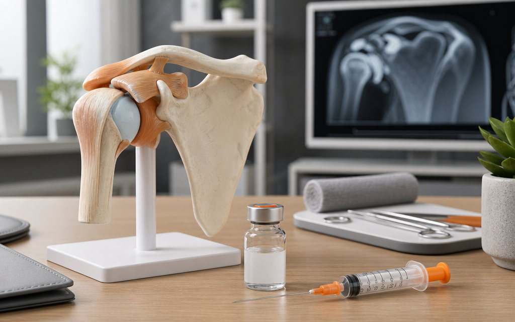 A still life photo of a shoulder joint model, steroid injection, and medications on a doctor's desk
