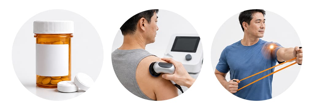 비수술,보존적 치료(약물 치료, 물리치료, 어깨운동치료)를 나타내는 이미지