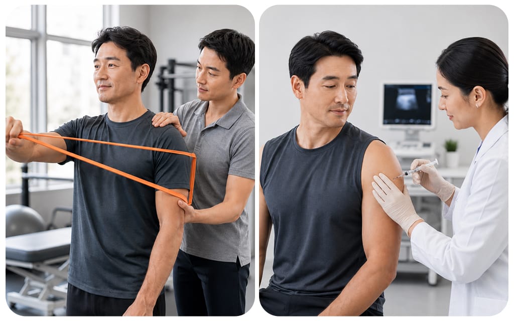 운동치료와 주사치료가 비교되어 보이는 이미지