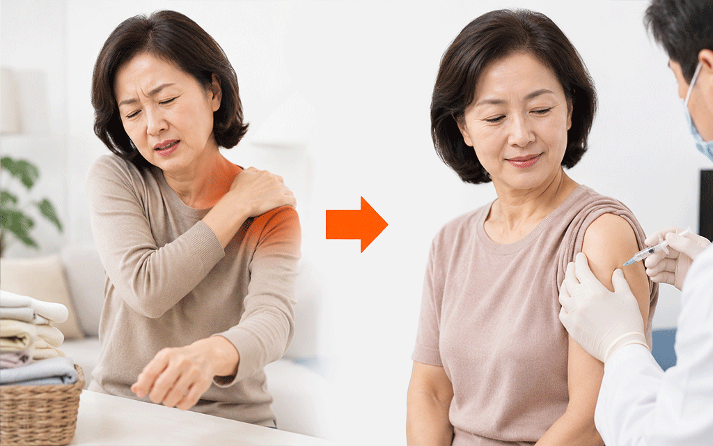 A woman in her 50s struggling with daily life due to shoulder pain, next to a 50s woman receiving a shoulder joint injection