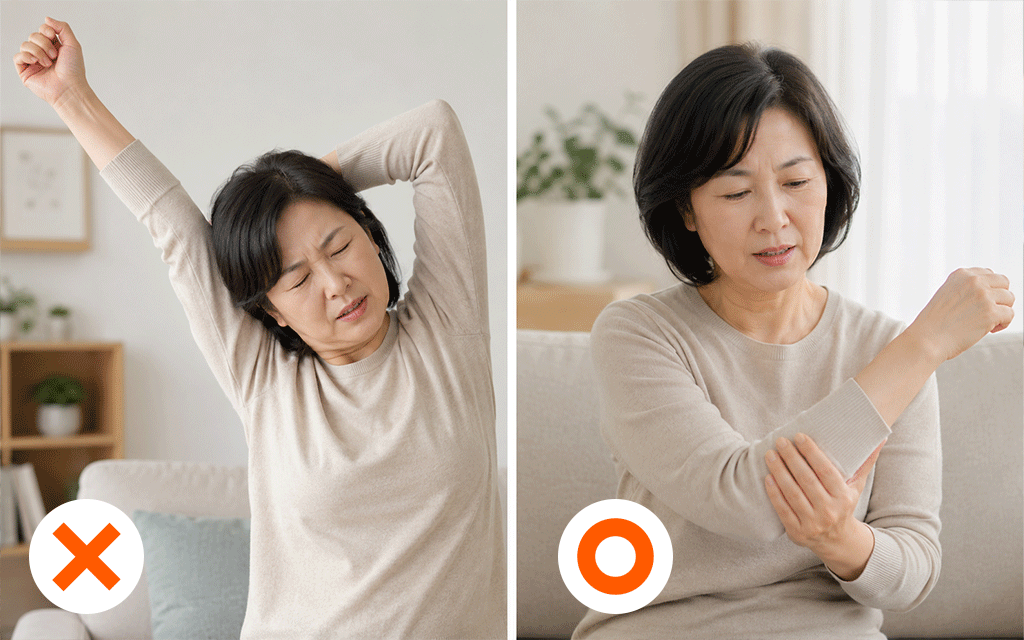 An image demonstrating that gentle, limited-range movements are preferable to forceful motions for shoulder pain