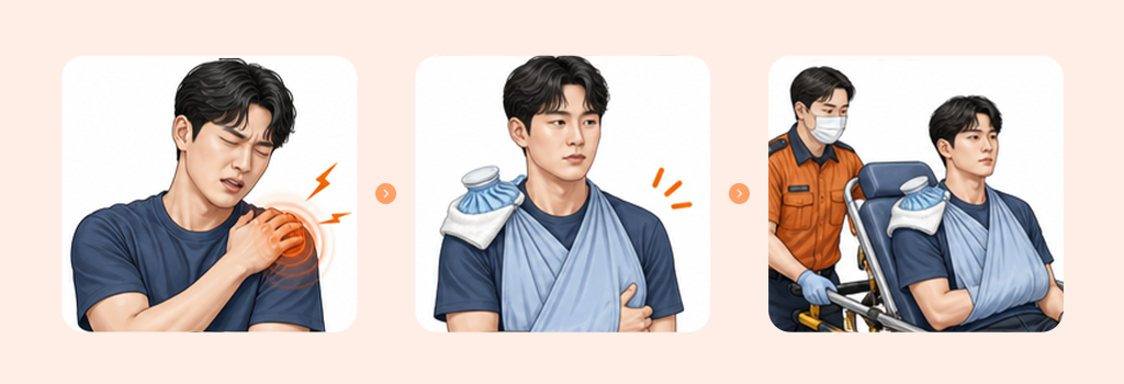 어깨가 빠졌을 때 초기 대처법을 시각화한 인포그래픽 이미지