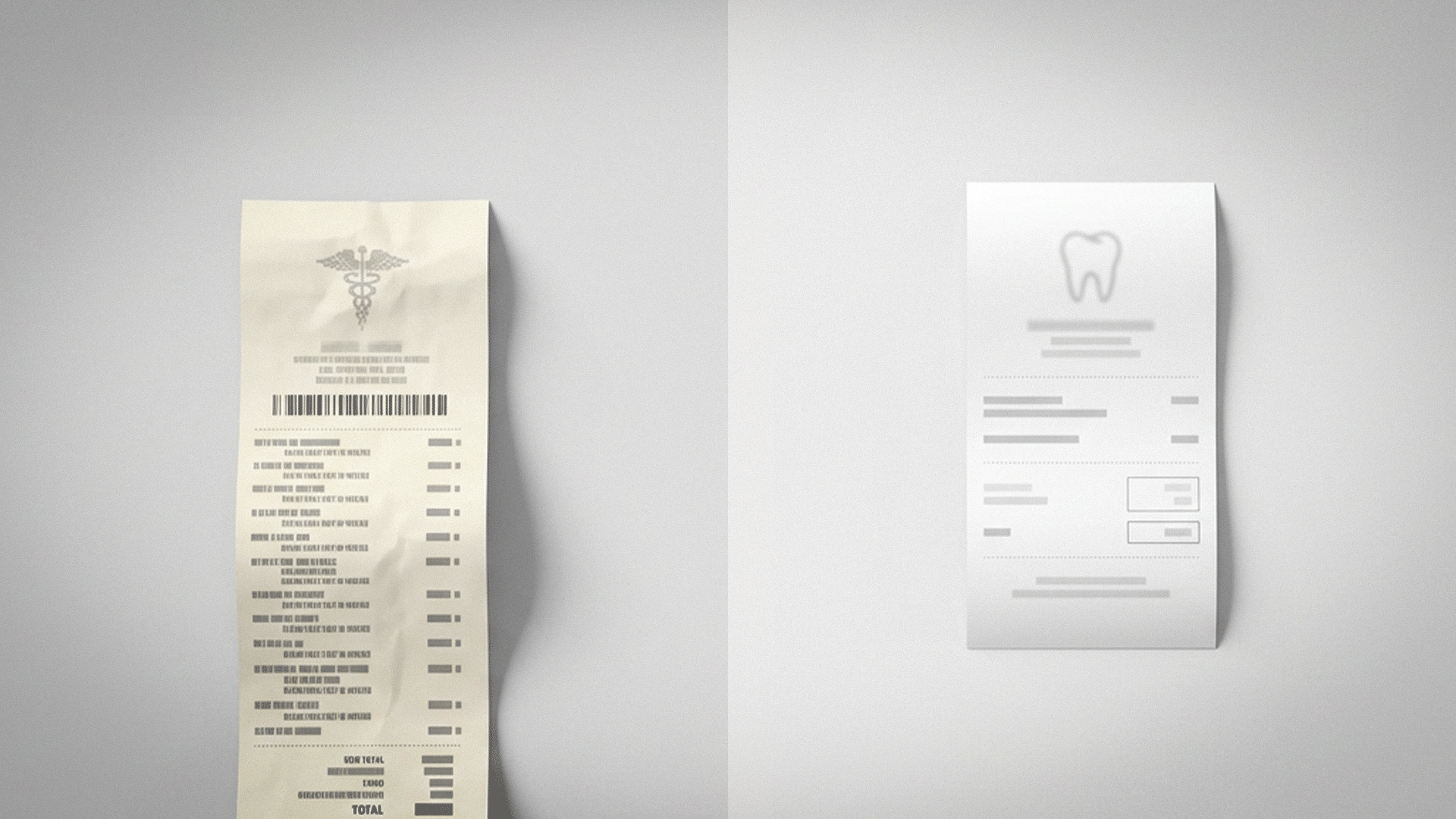 Image comparing a long medical bill from a university hospital with a short receipt from a private clinic to illustrate cost structure differences