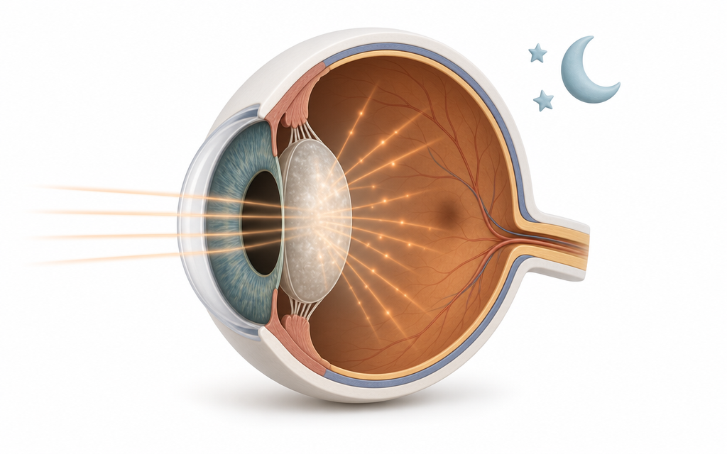 An infographic visualizing the causes of night vision glare and halos