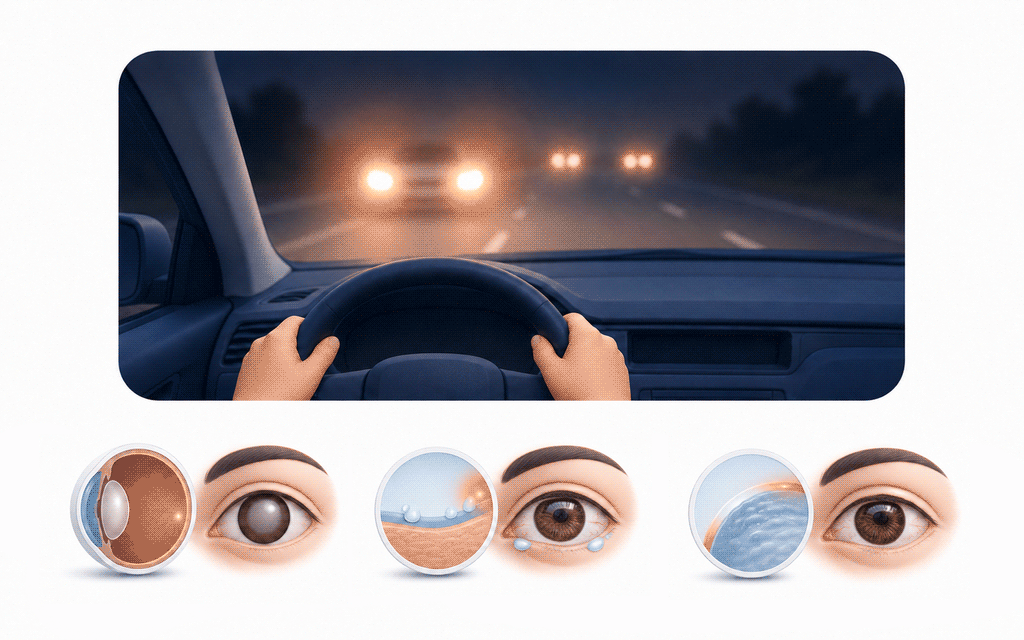An illustration showing a driver's view of headlight glare along with various underlying causes