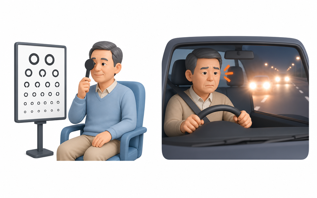 An image comparing a person taking a standard visual acuity test with a driver experiencing night vision discomfort