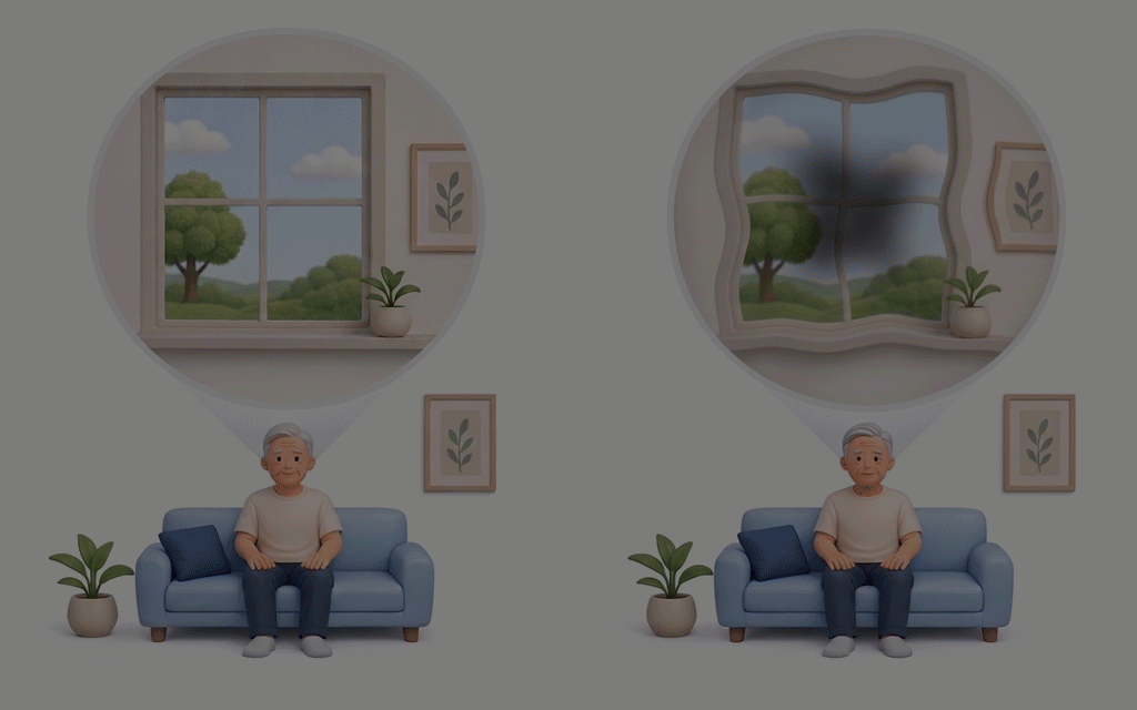 An image comparing normal vision with distorted central vision caused by macular degeneration