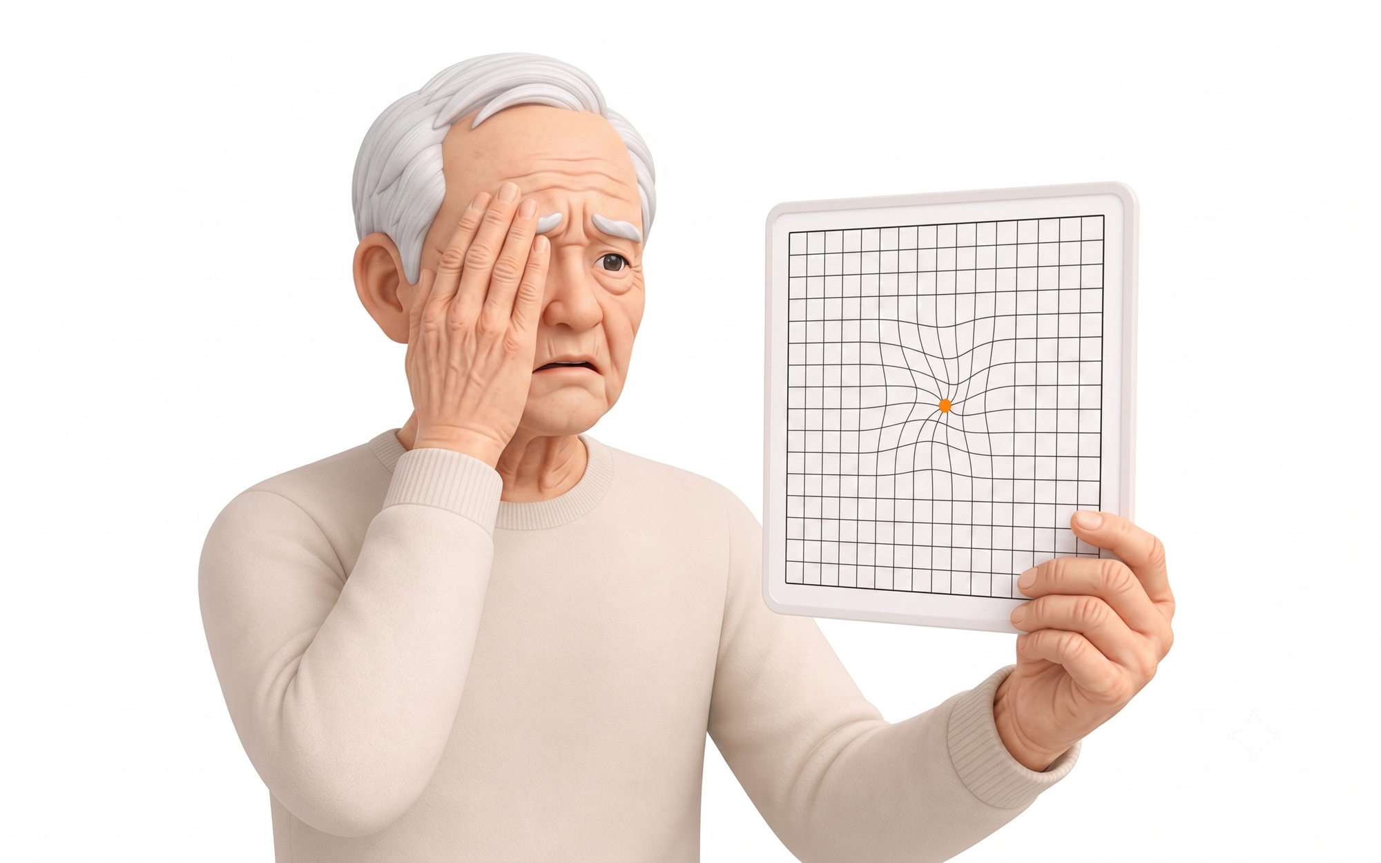 An illustration demonstrating an Amsler grid self-assessment test for vision distortion