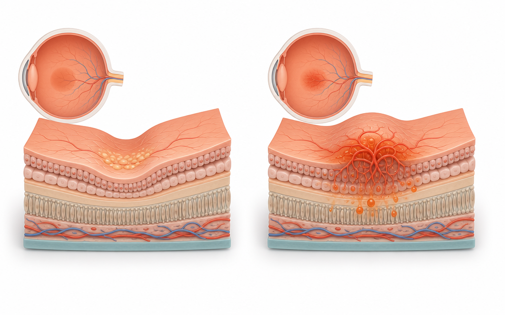 A 3D medical education rendering comparing the structural differences between dry and wet macular degeneration