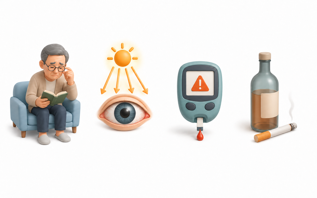 An infographic illustrating 4 major risk factors contributing to cataracts