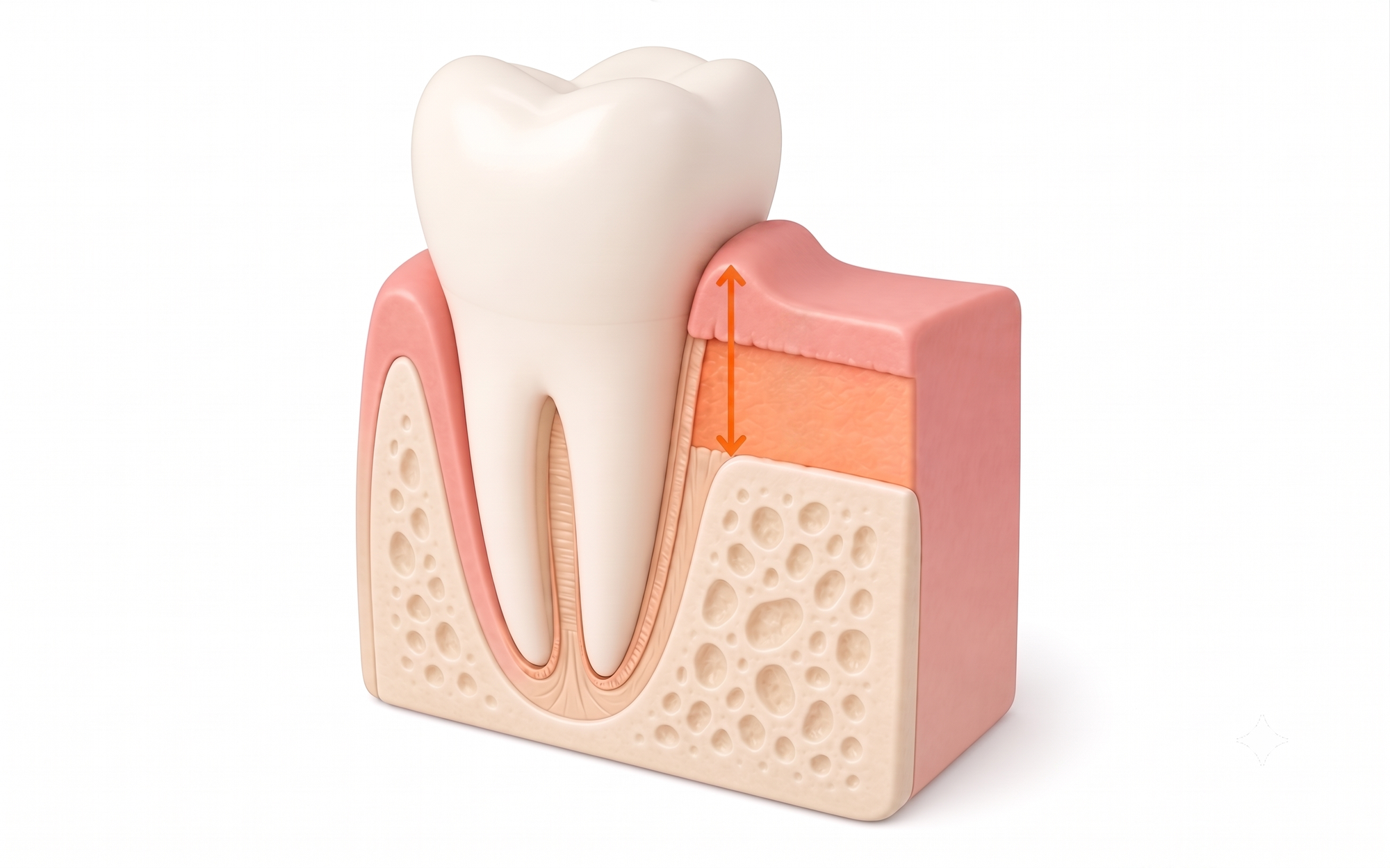 A 3D medical educational rendering showing the extent of supracrestal tissue attachment (STA) on a tooth