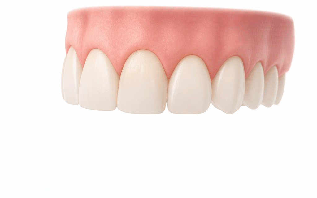 A photo of a porcelain veneer held with tweezers being placed over a front tooth