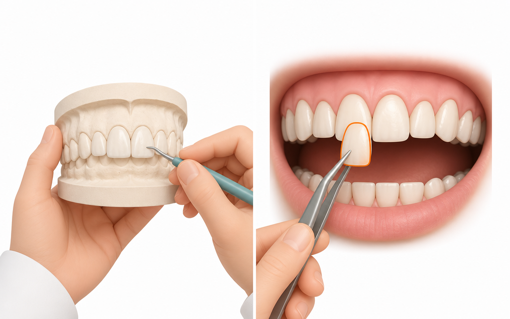 A split-screen image comparing the clinical differences between a diagnostic wax-up and an intraoral mock-up