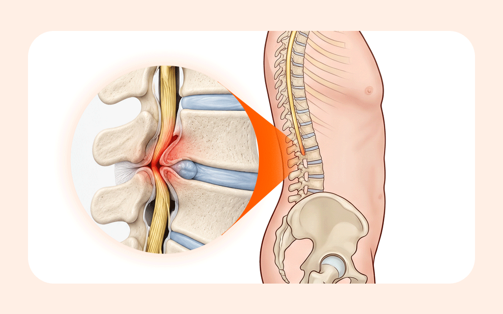 A medical illustration demonstrating lumbar spinal stenosis