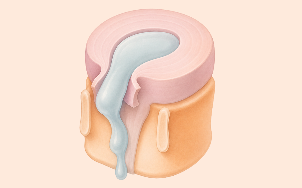 An illustration showing a ruptured and extruded herniated lumbar disc