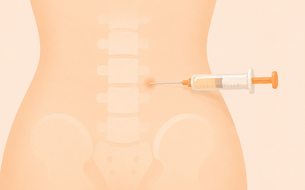 A medical photo showing a nerve injection being administered to the lower back for disc treatment