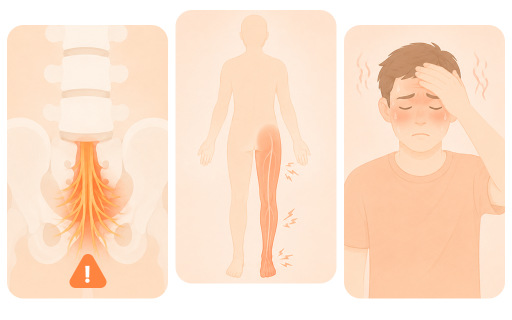 An infographic visualizing 3 emergency red flag signs for herniated disc surgery