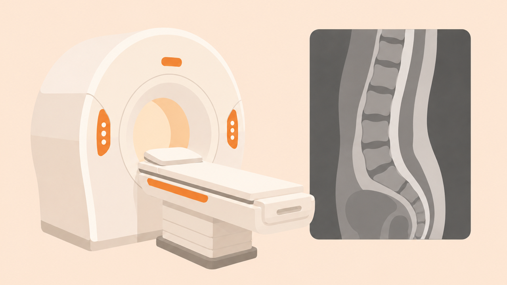 An image of a lumbar spine MRI scan displayed next to an MRI machine