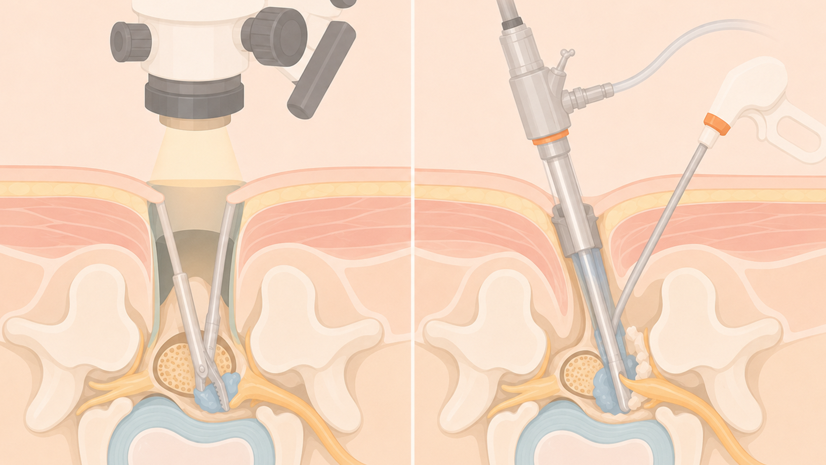 A medical illustration comparing microscopic discectomy and endoscopic nerve decompression surgeries