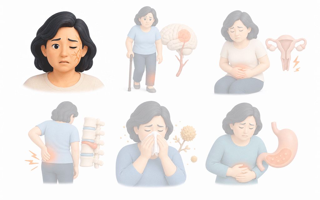 첩약 건강보험이 적용되는 6대 주상병(안면신경마비, 뇌혈관질환후유증, 월경통, 요추추간판탈출증, 알레르기 비염, 기능성 소화불량)을 나타낸 이미지