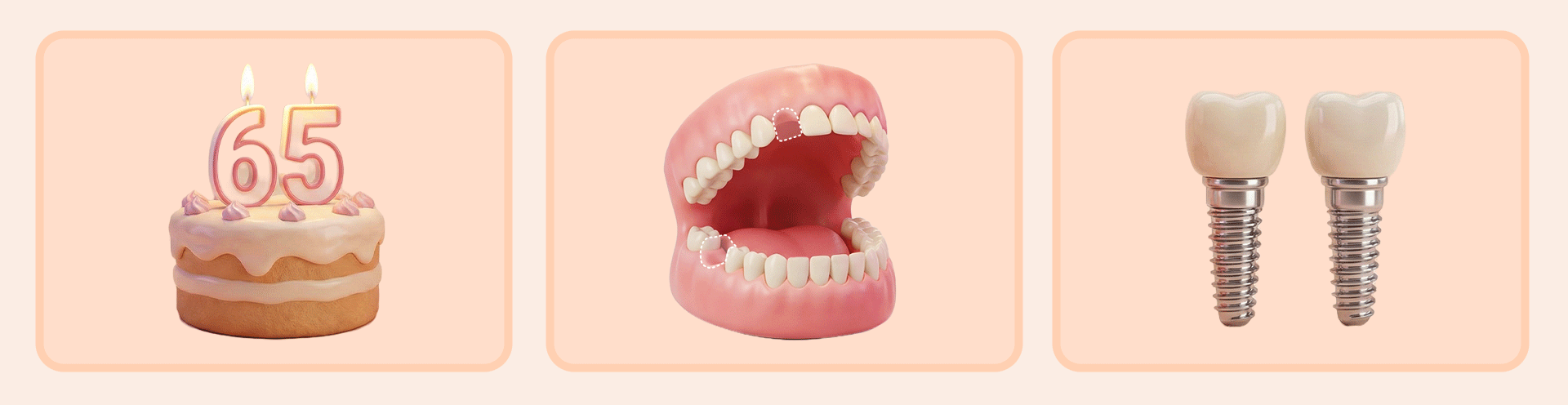 Infographic explaining the three eligibility criteria for dental implant health insurance: age over 65, partial edentulism, and a limit of two implants per person