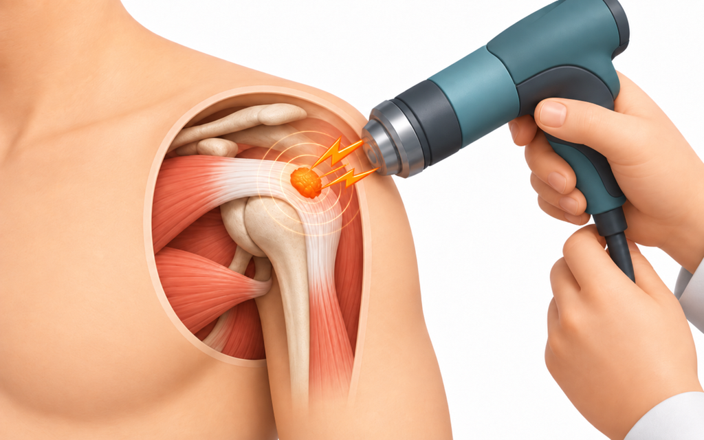 A medical photo of extracorporeal shockwave therapy (ESWT) being administered to treat calcific tendonitis