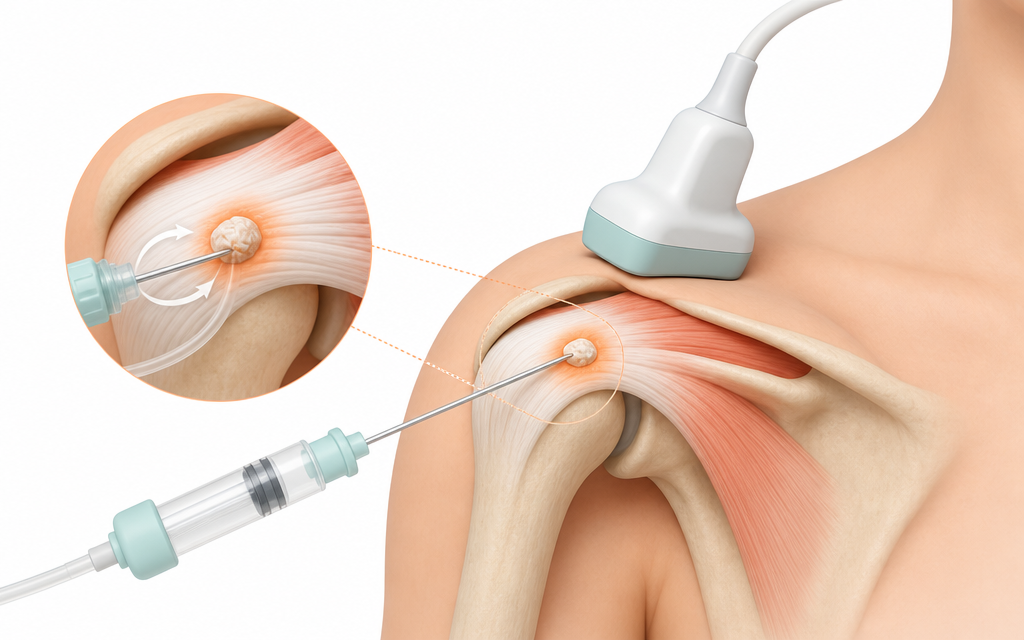 An illustration demonstrating an ultrasound-guided barbotage procedure for calcific tendonitis