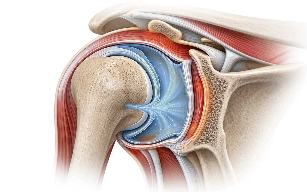 A 3D medical educational rendering showing injection fluid being administered into a shoulder joint and inducing micro-stimulation