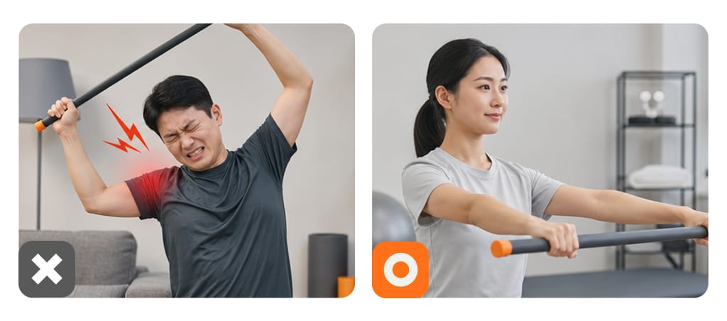 An illustration comparing a person forcing rehab exercises versus someone comfortably exercising within their range of motion