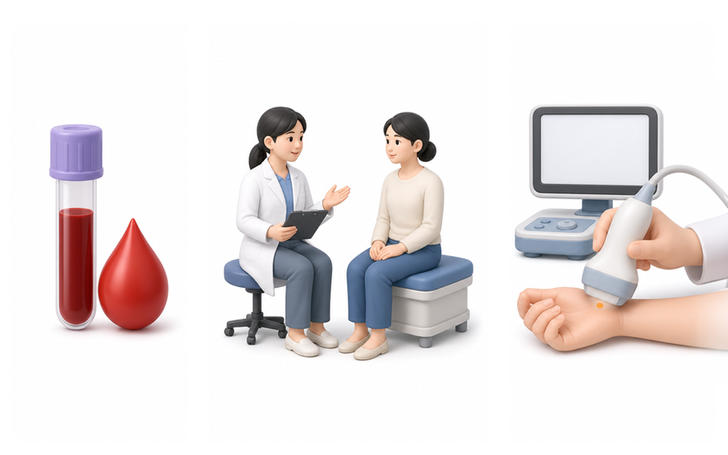 An infographic displaying blood tests, medical history intake, physical exams, and joint ultrasound diagnostics