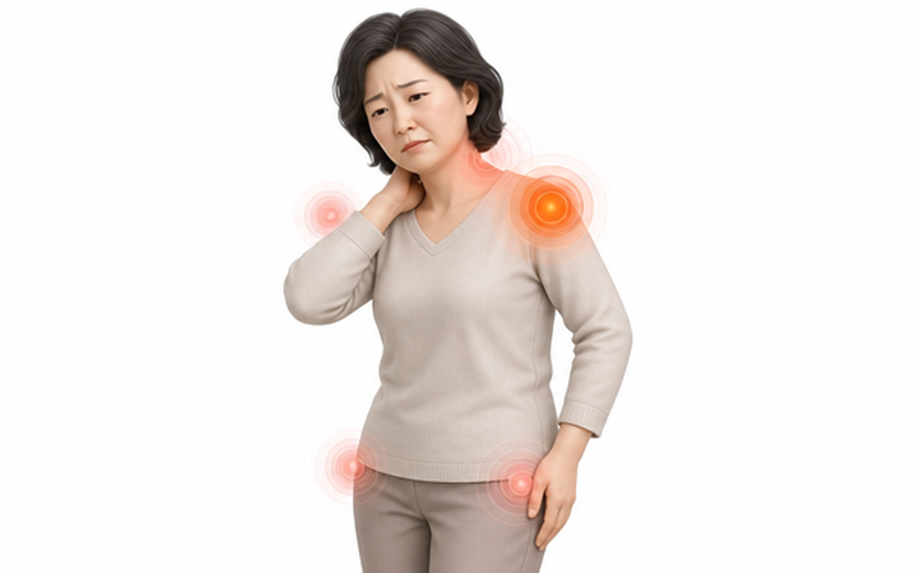 A photo of a middle-aged woman in her 50s suffering from neck, shoulder, and hip pain